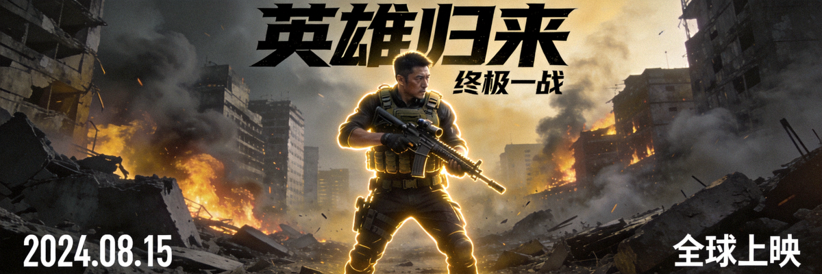 经典动作电影海报 - 英雄持枪站在城市废墟中